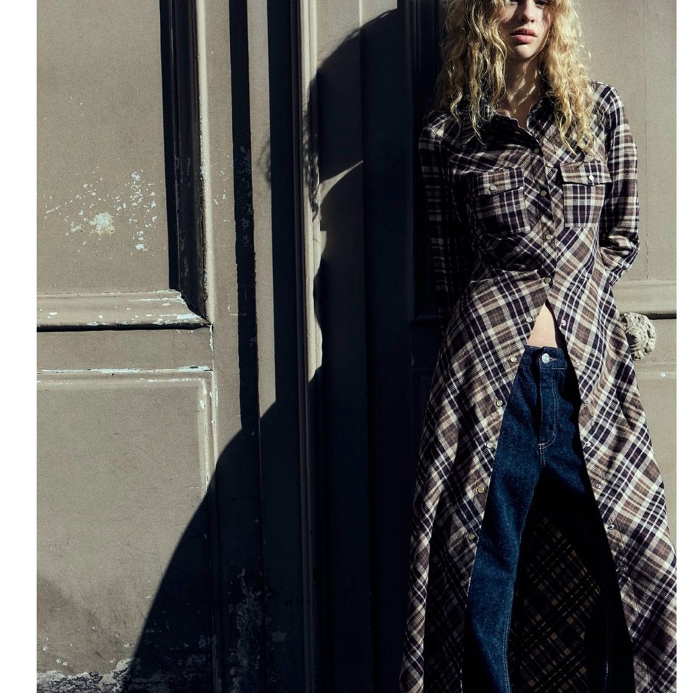 Zara Brown and Black Long Sleeve Maxi Shirt Dress